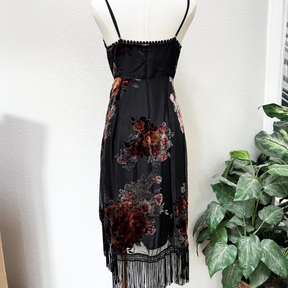 Vintage Retro Bohemian Velvet Burnout Black Floral Fringed Wrap Dress S - Picture 5 of 5
